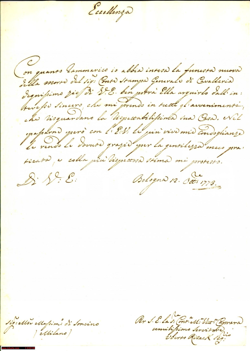 Manoscritto, lettera originale 1773 BOLOGNA Lettera autografa nobile Uberto RISACK  Condoglianze 1