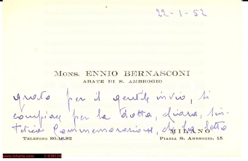 Autografo originale 1952 MILANO SANT AMBROGIO Monsignor Ennio BERNASCONI Autografo 1