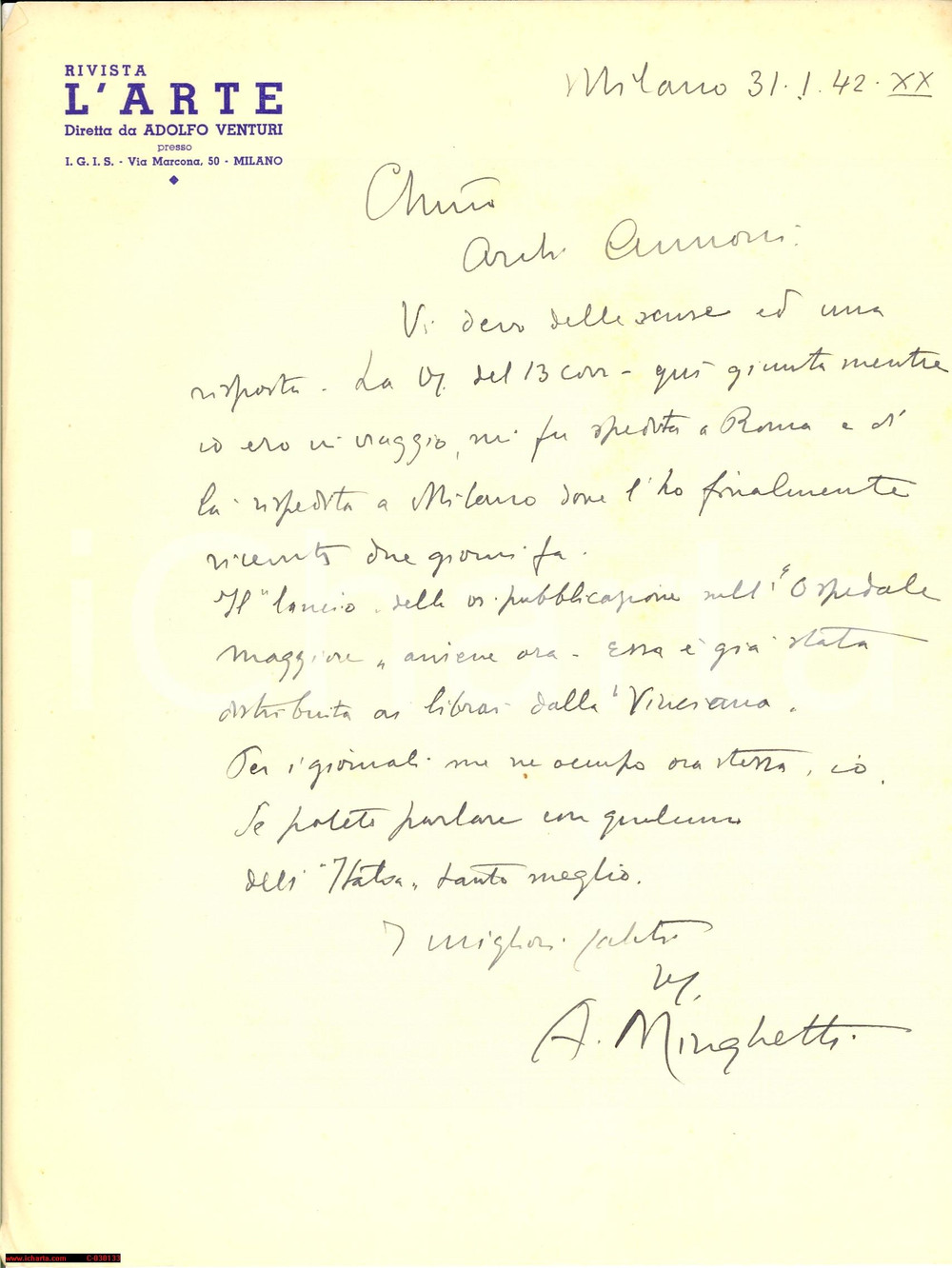 Autografo originale 1942 MILANO Aurelio MINGHETTI Ospedale Maggiore AUTOGRAFO 1