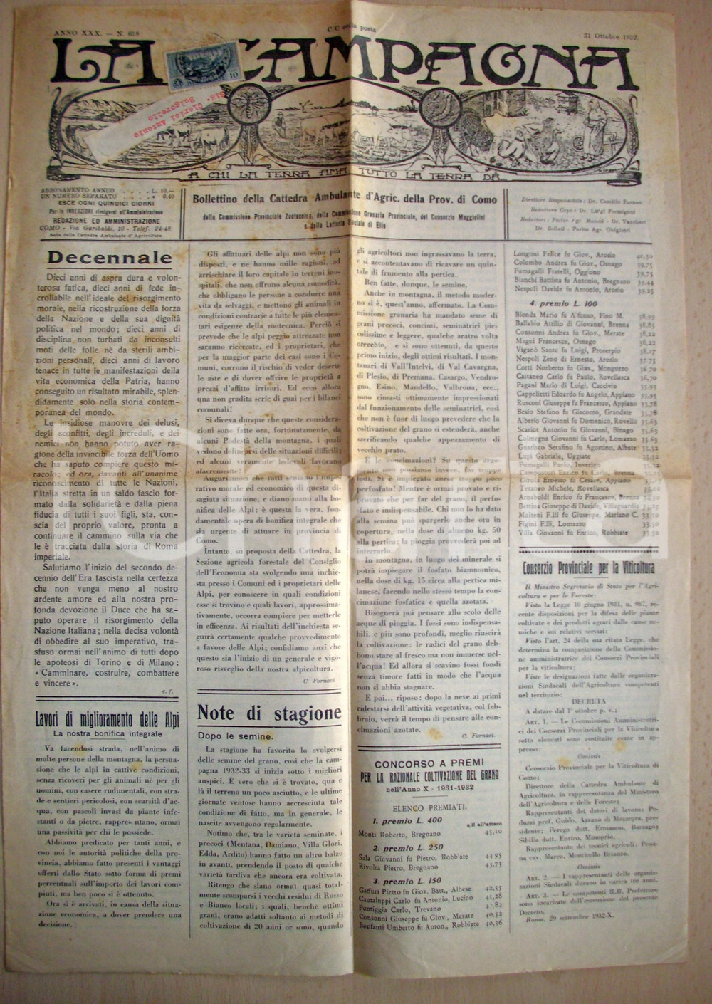 Giornale, rivista storica 1932 COMO Bollettino Agricoltura LA CAMPAGNA  Decennale del fascismo 1