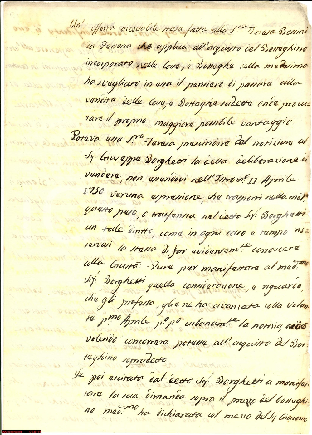 Documento originale, autentico 1789 BRESCIA Teresa BOSSINI riceve offerta botteghino Manoscritto 1