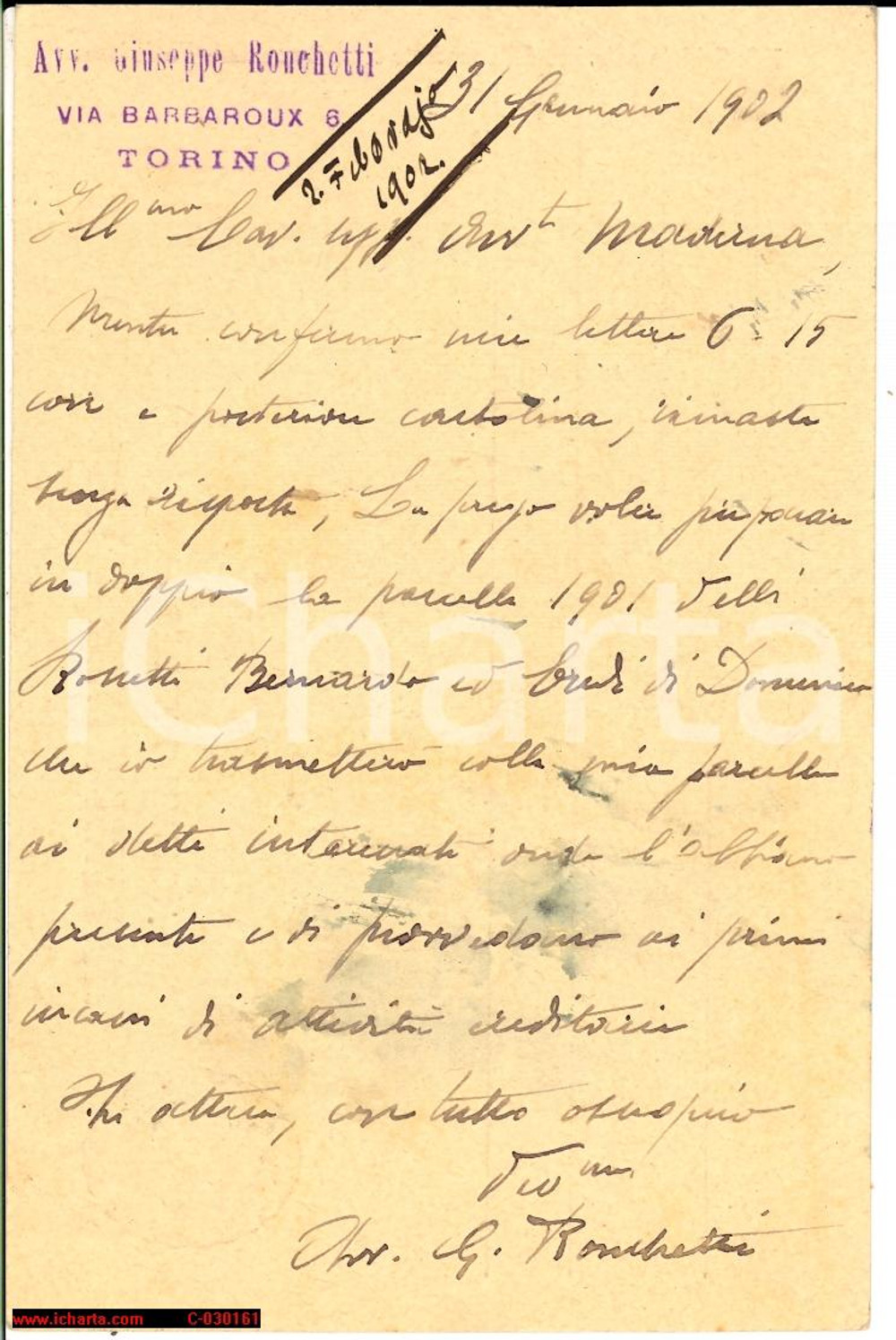Documento originale, autentico 1902 TORINO Avv. Giuseppe RONCHETTI chiede onorario 1