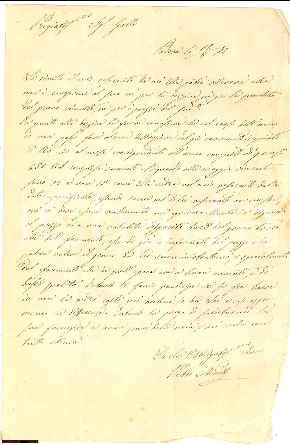 Manoscritto, lettera originale 1870 PADOVA Pietro NIVELLA contesta il prezzo del grano Lettera 1