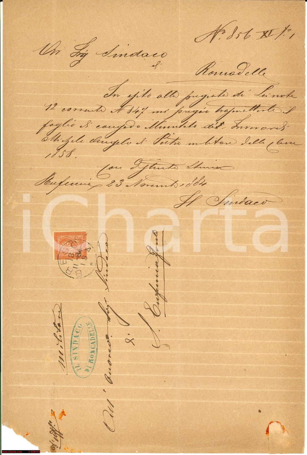 Documento originale, autentico 1884 RONCADELLE BS Congedo a Simone di Michele Angelo 1