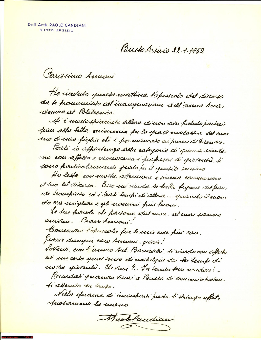 Autografo originale 1952 BUSTO ARSIZIO VA Paolo CANDIANI ricorda la gioventù  Autografo 1