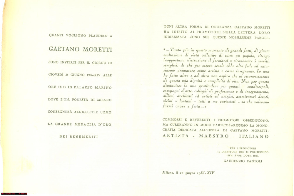 Documento originale, autentico 1936 MILANO Medaglia d oro a Gaetano MORETTI Invito 1
