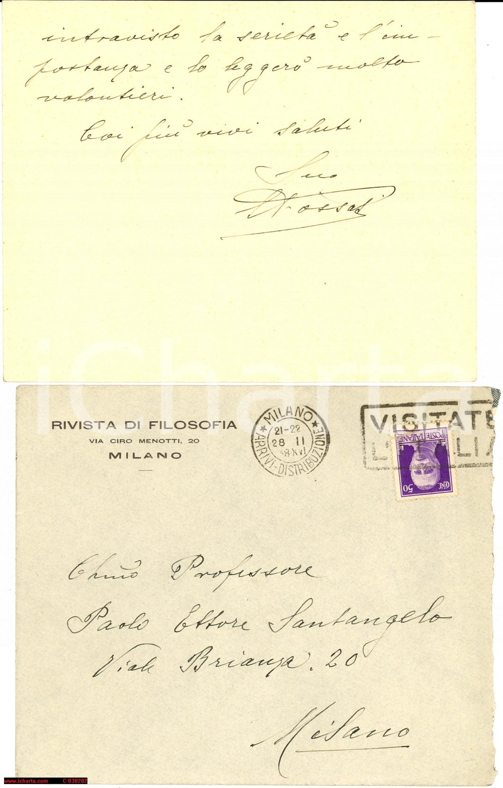 Autografo originale 1928 MILANO Rivista di Filosofia  Lettera Luigi FOSSATI AUTOGRAFO 1