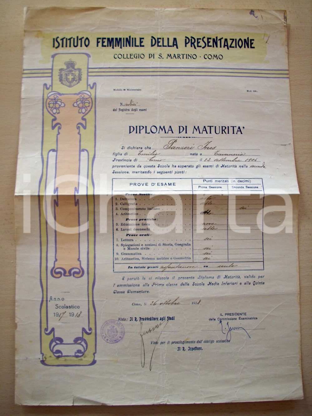 Oggetto da collezione cartaceo 1918 COMO COLLEGIO SAN MARTINO Istituto Femminime della Presentazione Diploma 1