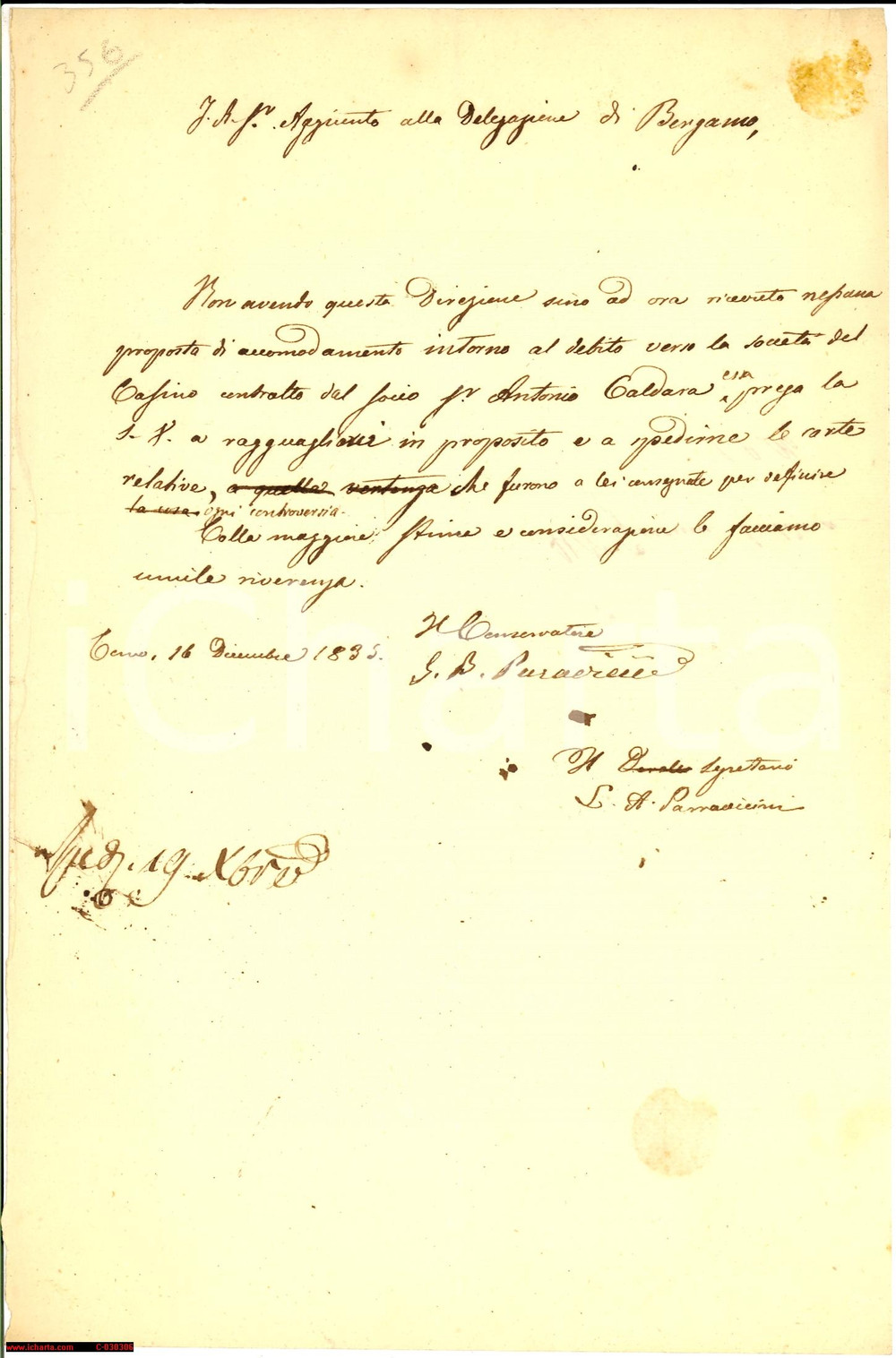 Documento originale, autentico 1835 COMO G. Battista PARRAVICINI pro SocietÃ  Casino 1