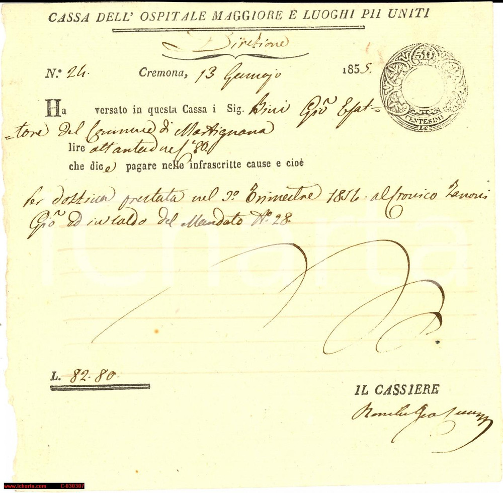Documento originale, autentico 1855 CREMONA Dozzina al malato cronico Giovanni ZANONI 1