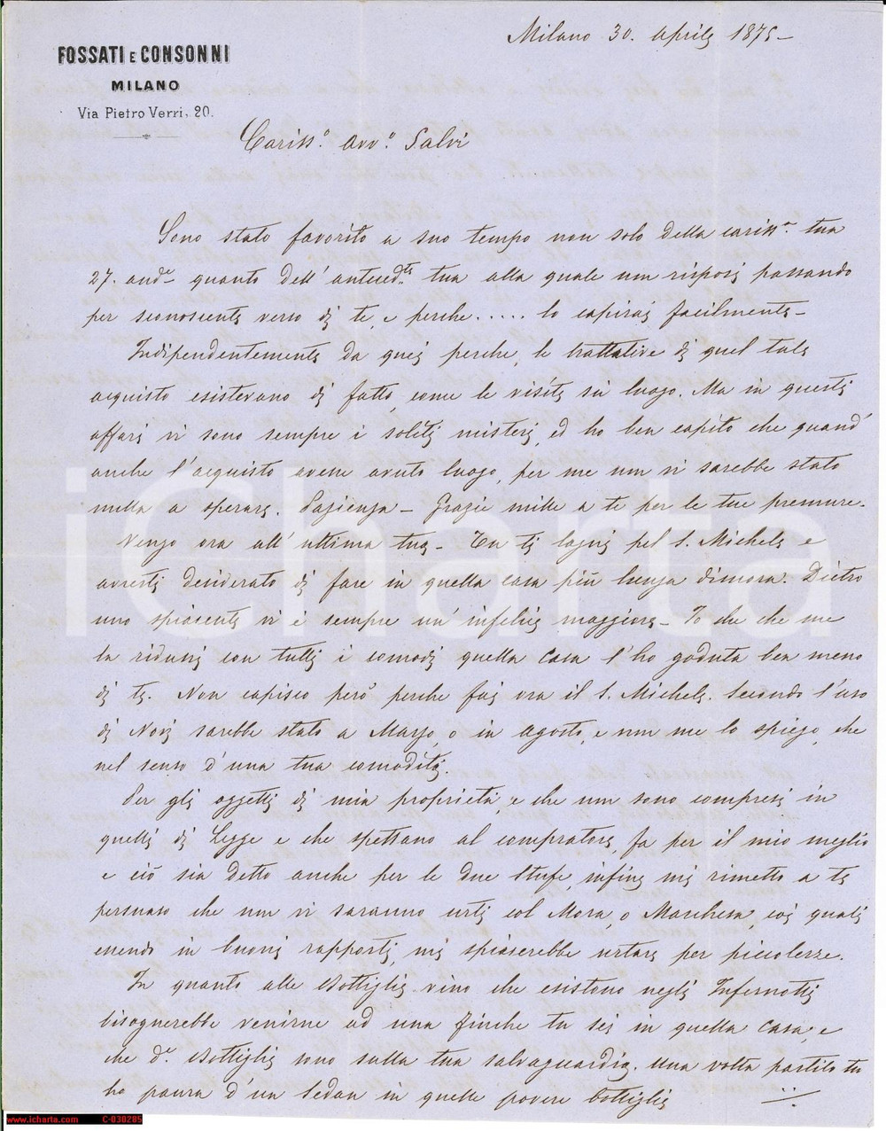 Manoscritto, lettera originale 1875 MILANO Avv. FOSSATI Ho goduto la casa meno di te 1