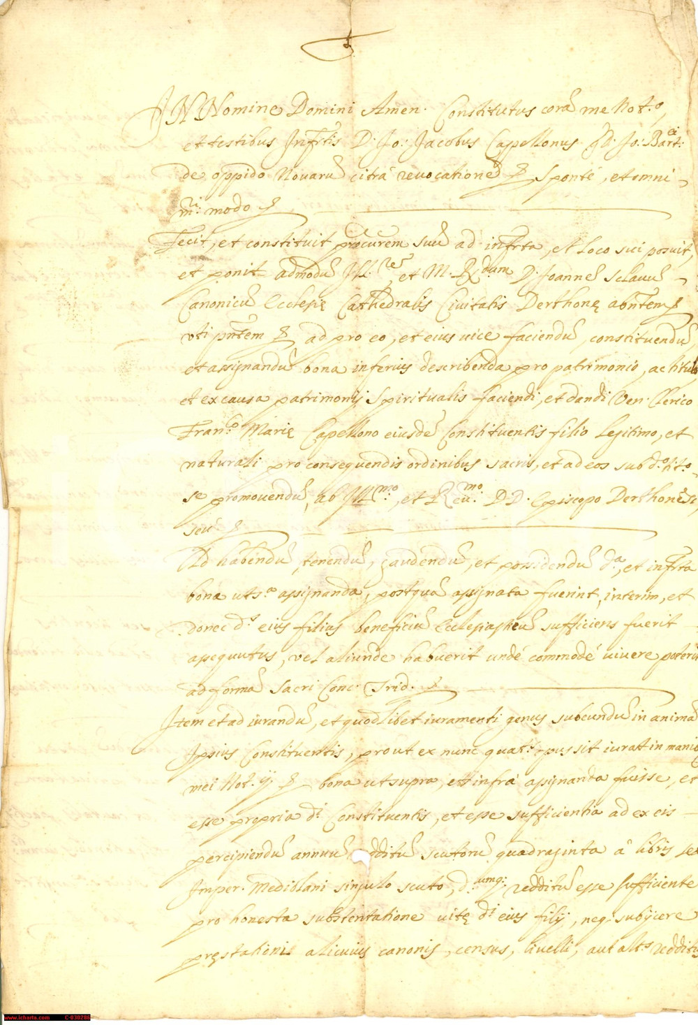 Documento originale, autentico 1654 TORTONA (AL) Patronato a Francesco Maria CAPELLONI 1