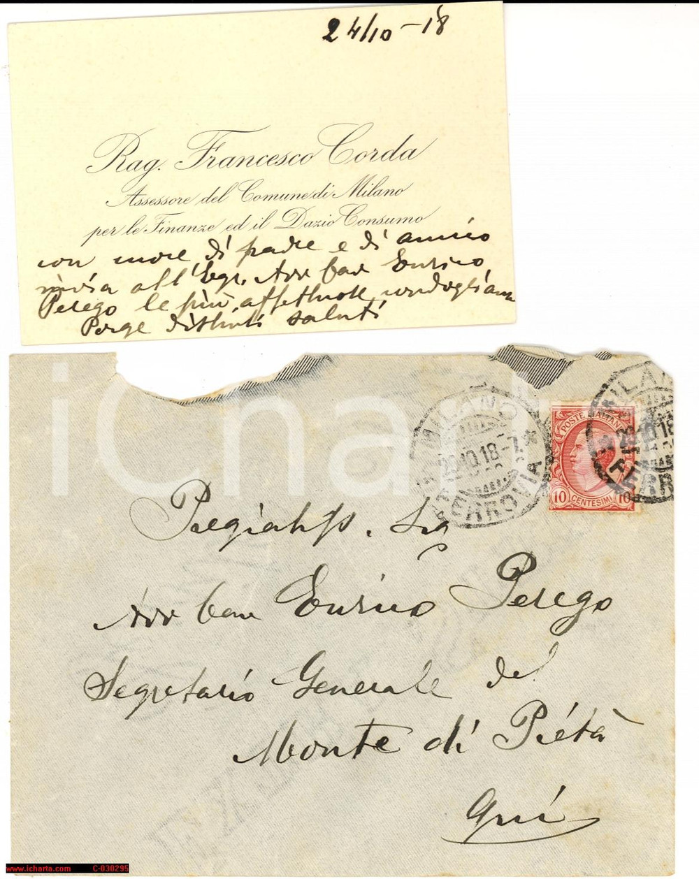 Autografo originale 1918 MILANO Biglietto assessore Francesco CORDA Autogr. 1