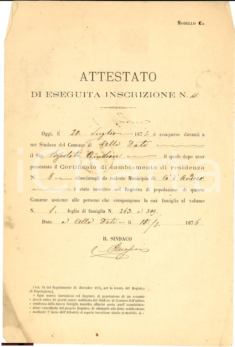 Documento originale, autentico 1876 CELLA DATI (CR) Amilcare BISSOLATI nuovo residente 1
