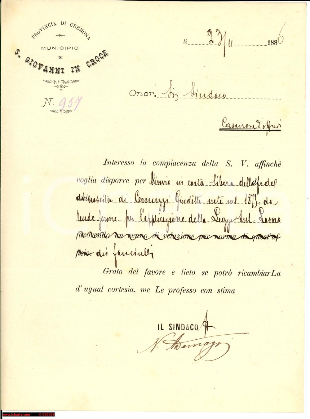 Documento originale, autentico 1886 SAN GIOVANNI IN CROCE (CR) Fede Giuditta CERNUZZI 1
