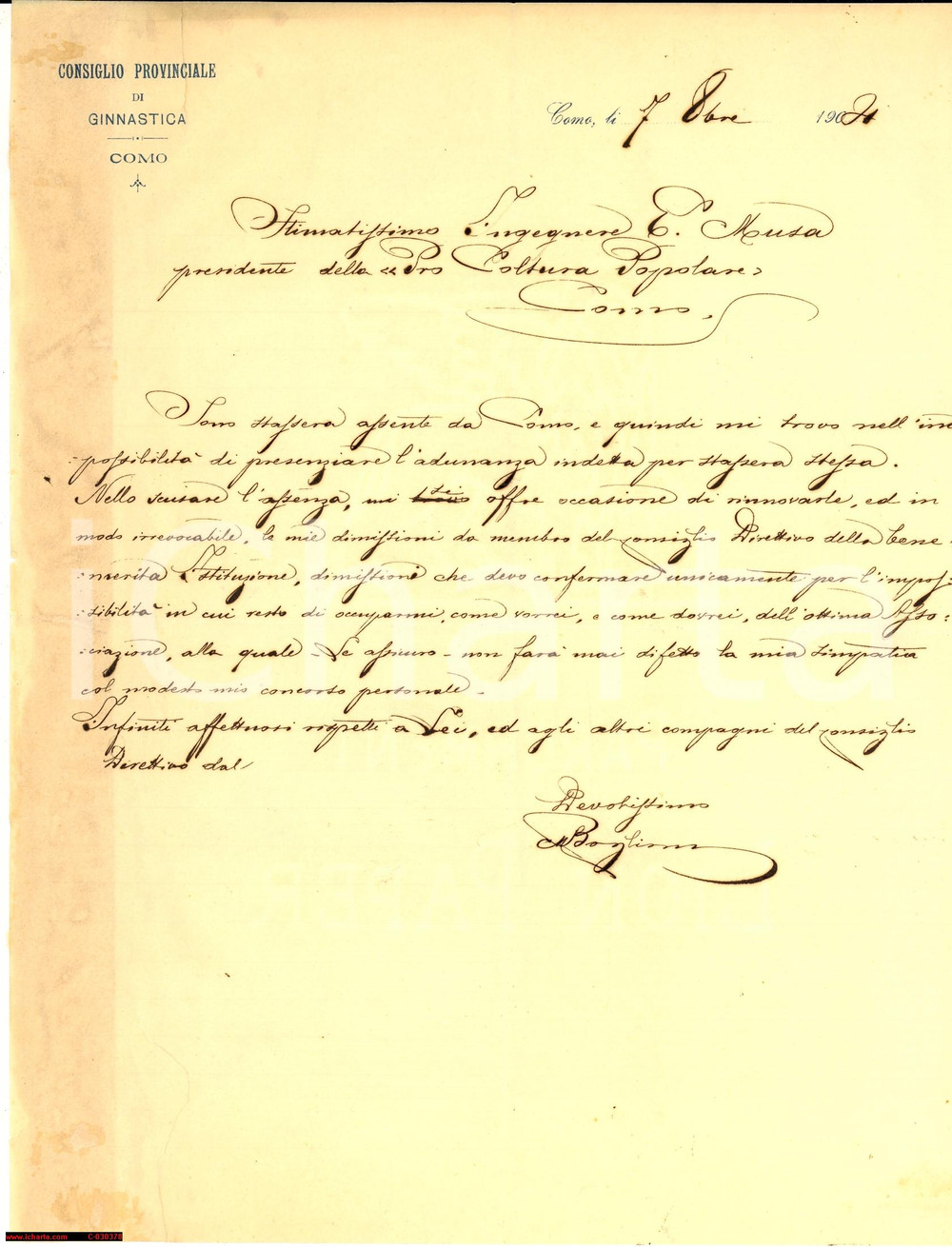 Documento originale, autentico 1904 COMO Dimissioni BOGLIONI Consiglio di Ginnastica 1