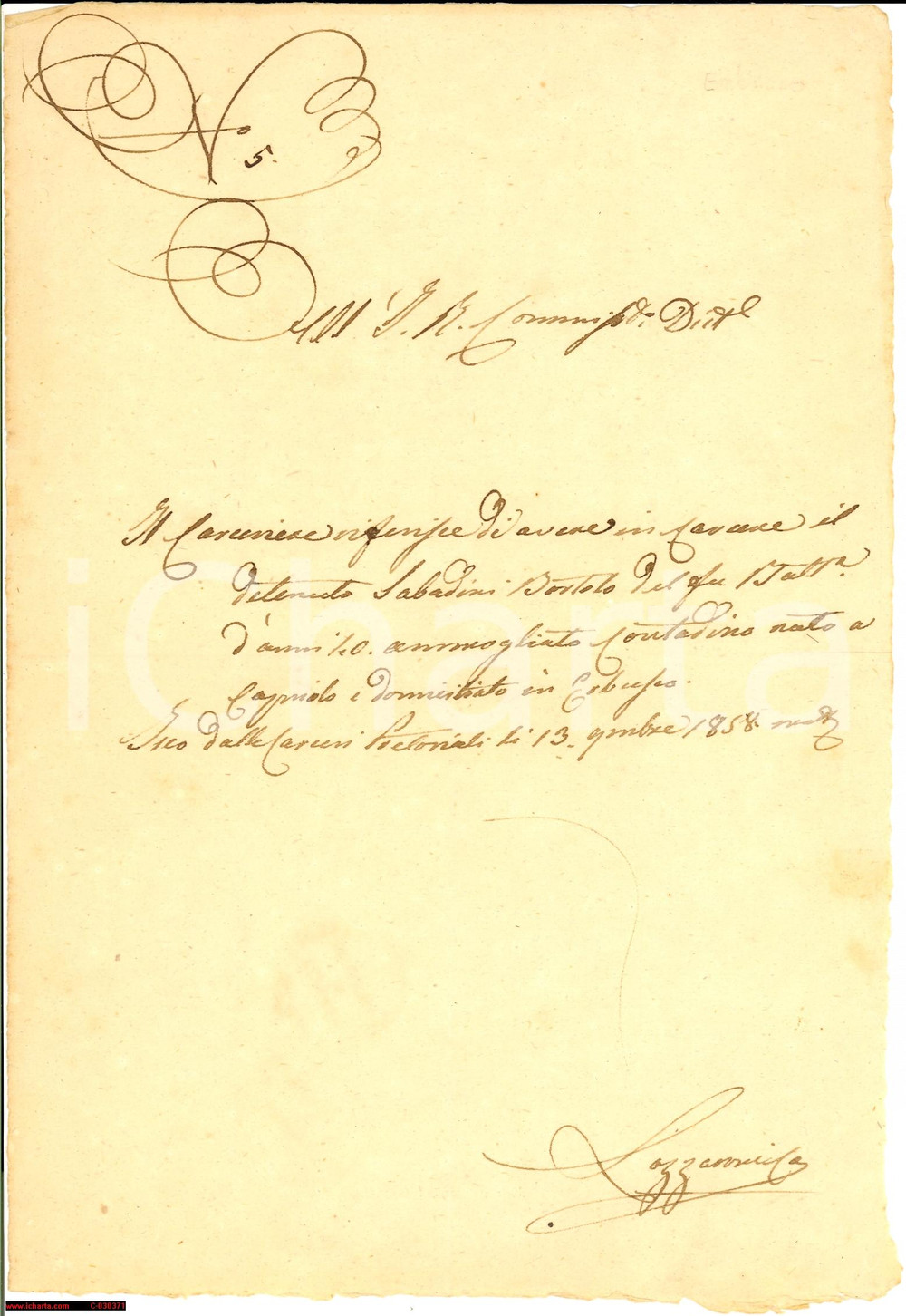 Documento originale, autentico 1858 ERBUSCO (BS) Bortolo SABADINI contadino carcerato 1