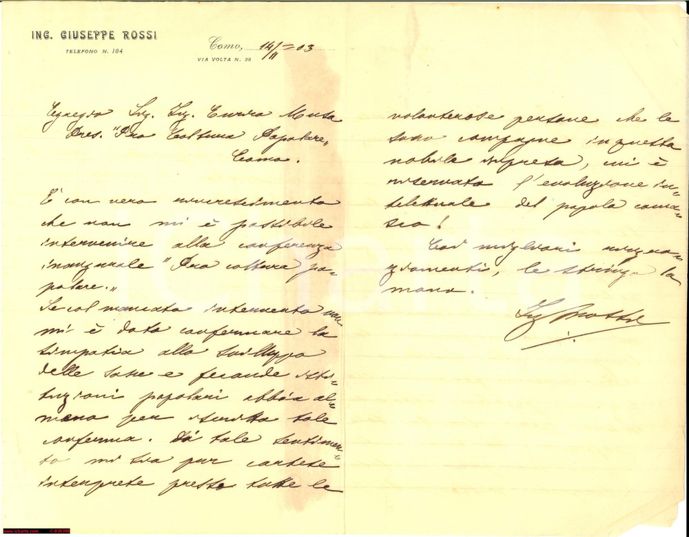 Manoscritto, lettera originale 1903 COMO Ing. Giuseppe ROSSI alla Pro Coltura Popolare 1