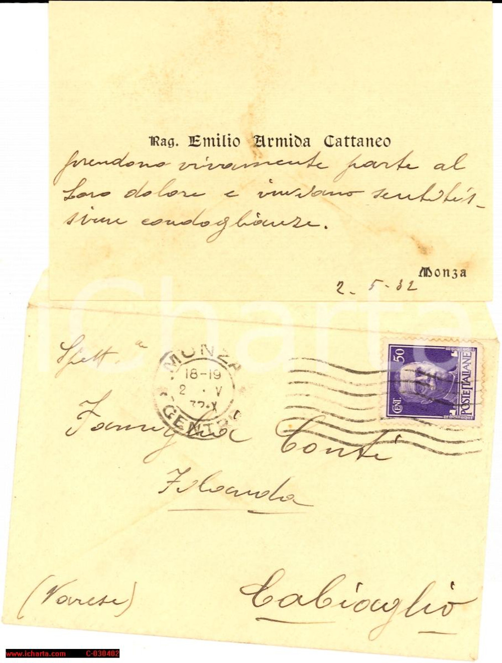 Oggetto da collezione cartaceo 1932 MONZA Biglietto rag. Emilio Armida CATTANEO Autog. 1