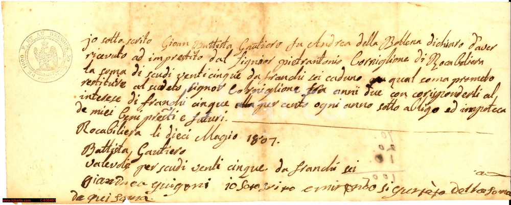 Documento originale, autentico 1807 ROCCABIGLIERA F Cambiale Gian Battista GAUTIERO 1