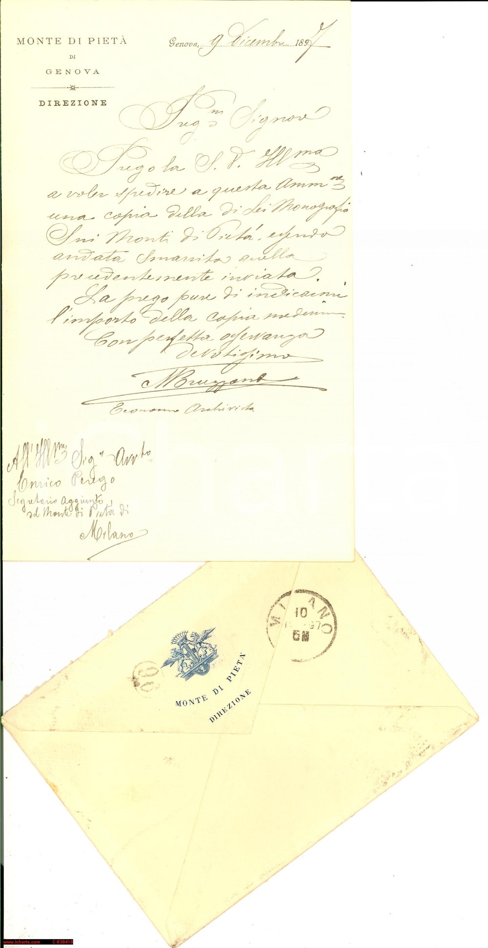 Manoscritto, lettera originale 1897 GENOVA MONTE DI PIETA' Monografia di Enrico PEREGO 1