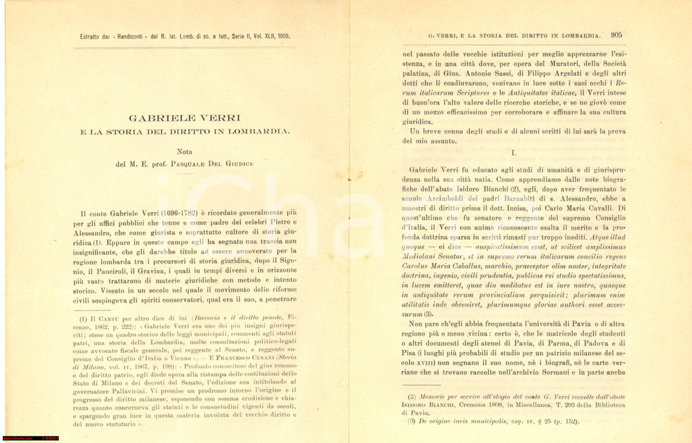 Autografo originale 1909 Pasquale DEL GIUDICE su Gabriele VERRI  Invio autografo 1