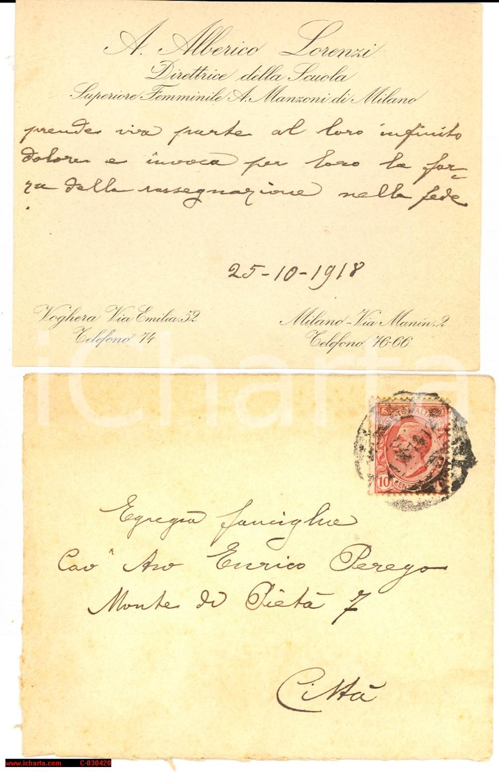 Oggetto da collezione cartaceo 1918 MILANO Biglietto Amalia ALBERICO LORENZI Autografo 1