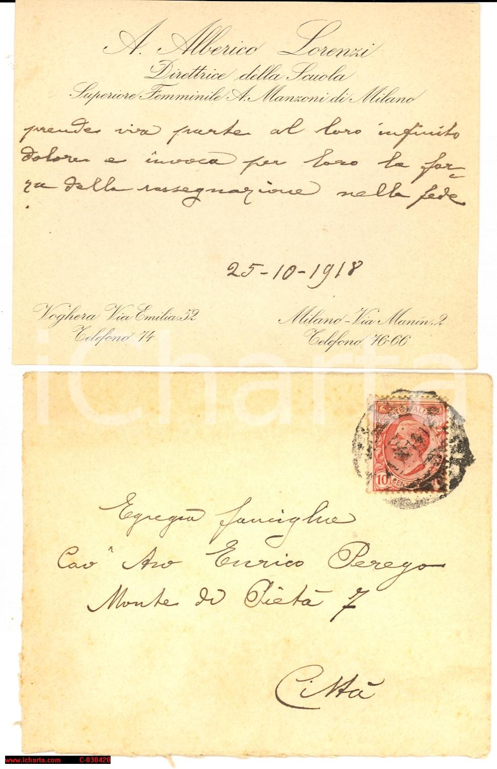 Oggetto da collezione cartaceo 1918 MILANO Biglietto Scuola Manzoni Amalia ALBERICO LORENZI Autografo 1