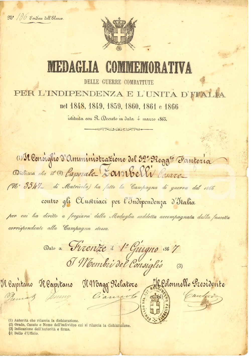 Documento originale, autentico 1867 RISORGIMENTO Medaglia garibaldino Cesare ZAMBELLI 1