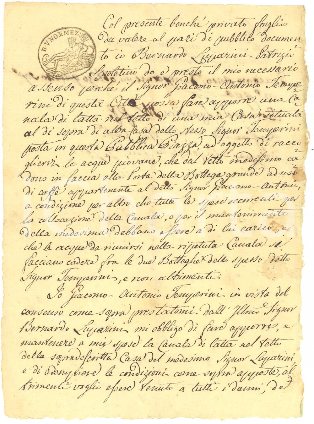 Documento originale, autentico 1825 SPOLETO PG Canala di latta su tetto del bar di TEMPERINI Manoscritto 1