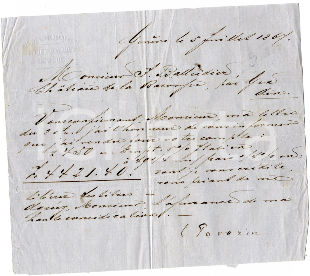 Manoscritto, lettera originale 1867 GENEVE CH Lettera con firma autografa del banchiere Lucien PAVARIN 1