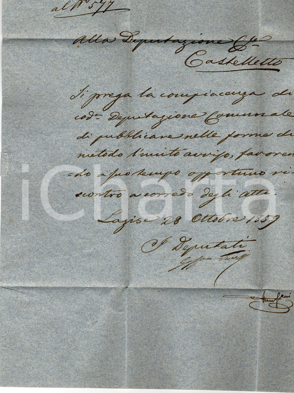 Manoscritto, lettera originale 1859 CASTELLETTO DI BRENZONE (VR) Avviso Deputazione 1