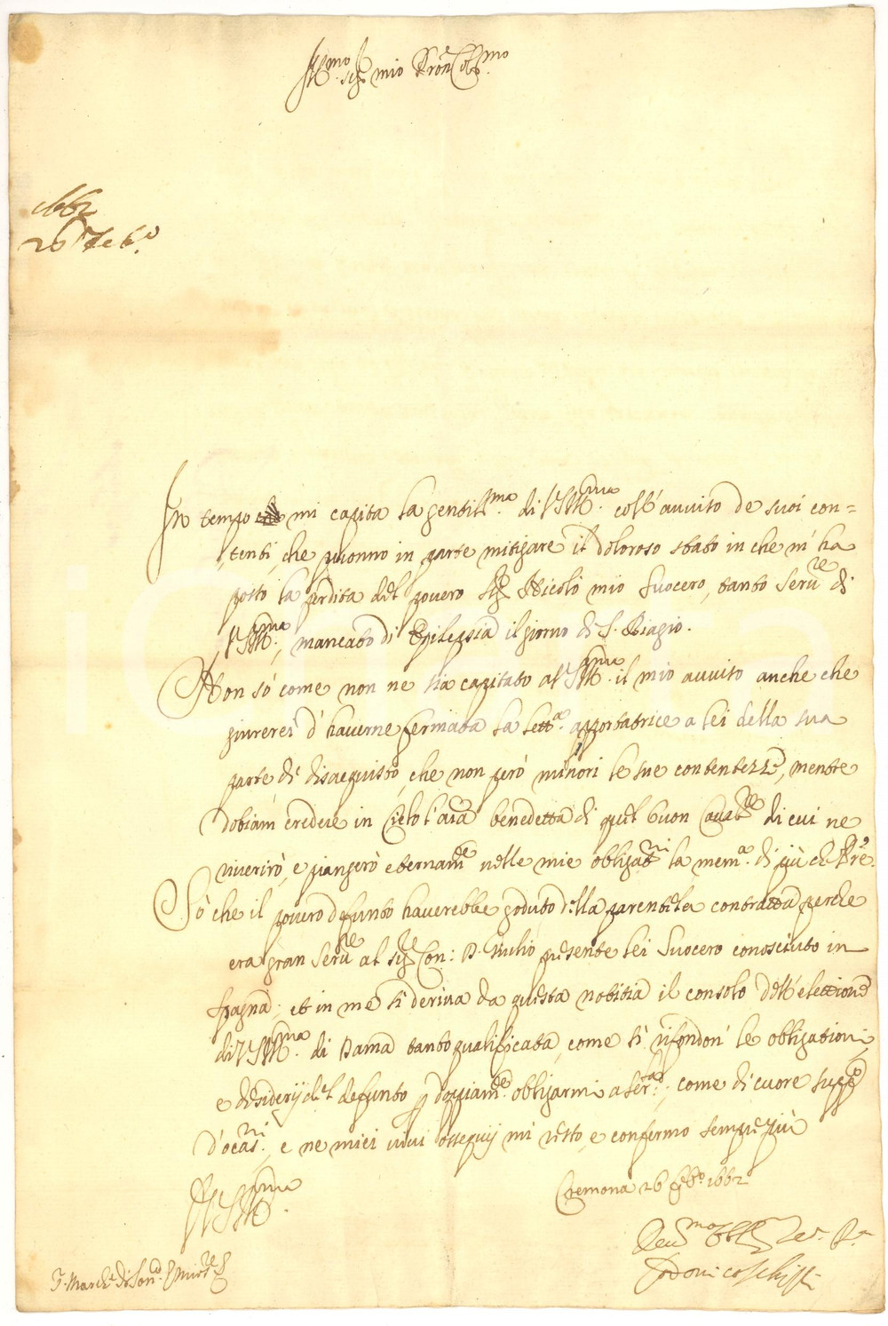 Manoscritto, lettera originale 1662 CREMONA Morte suocero epilettico Lodovico SCHIZZI 1