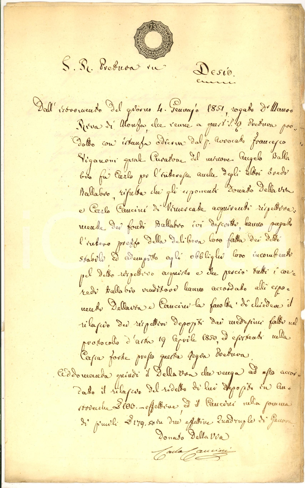 Documento originale, autentico 1851 VIMERCATE Istanza Donato DELLA VIA e Carlo CANCINI 1