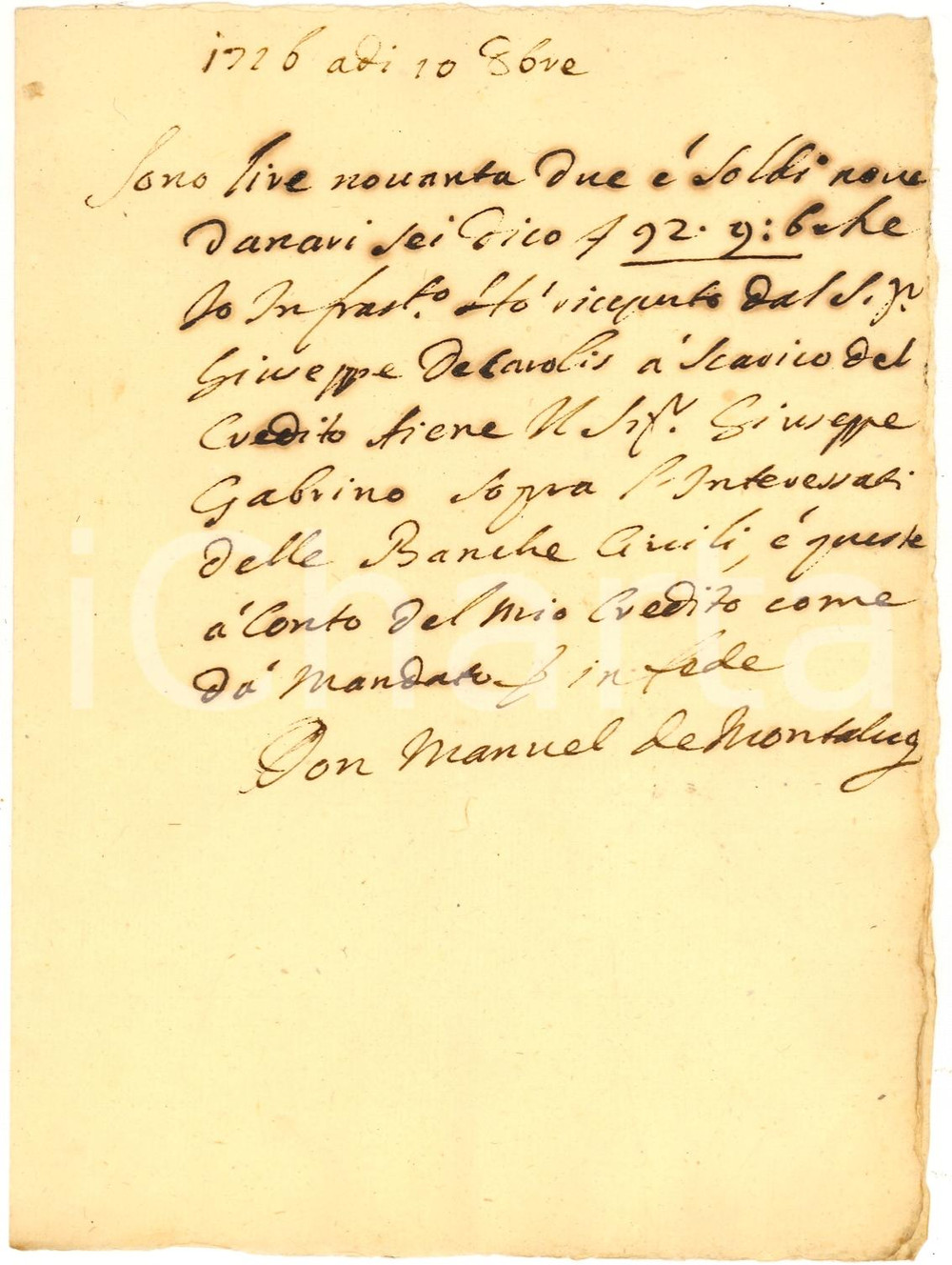 Documento originale, autentico 1726 MILANO Crediti del nobile don Manuel DE MONTLUC 1