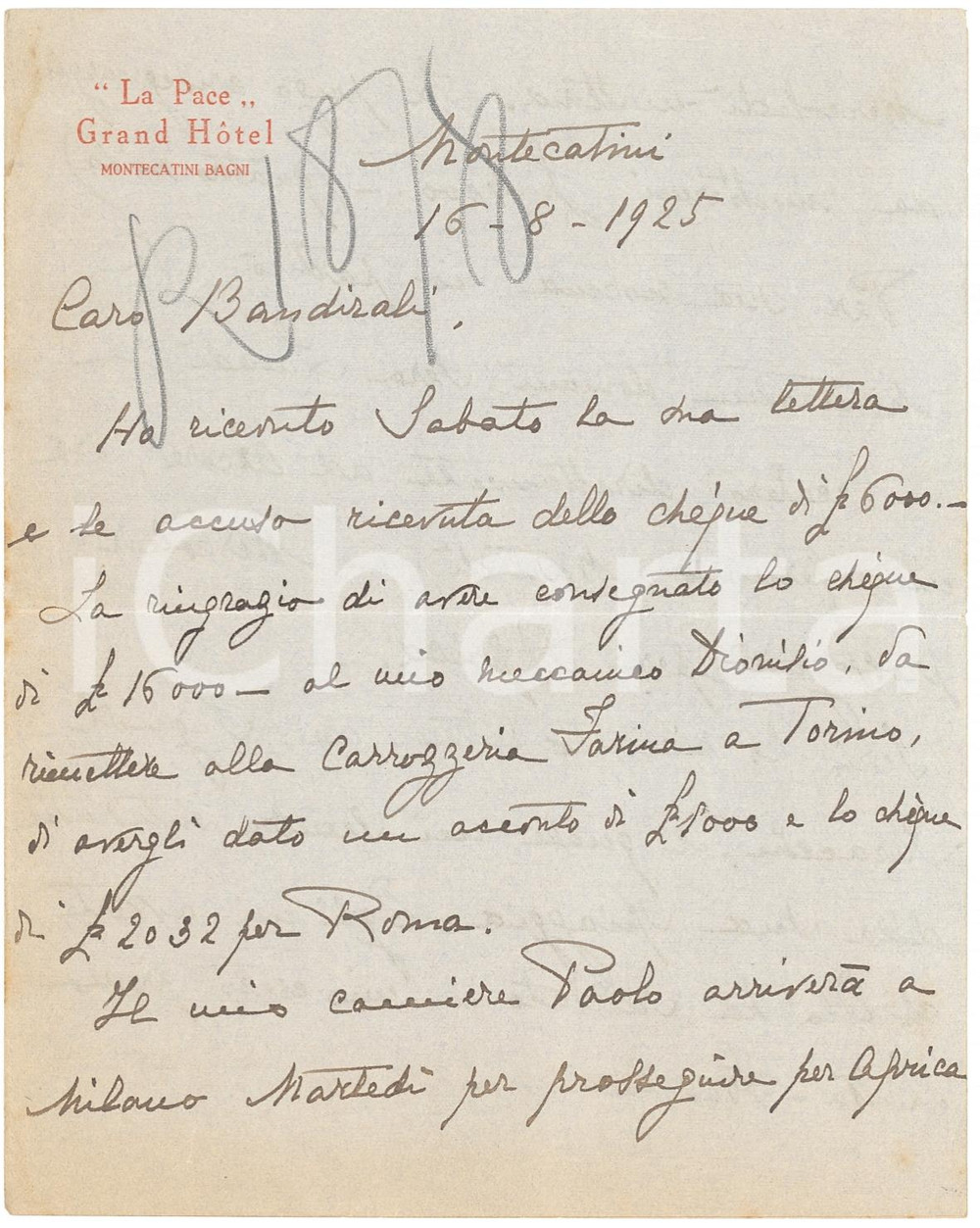 Manoscritto, lettera originale 1925 MONTECATINI (PT) Autografo pittore Carlo CASATI 1
