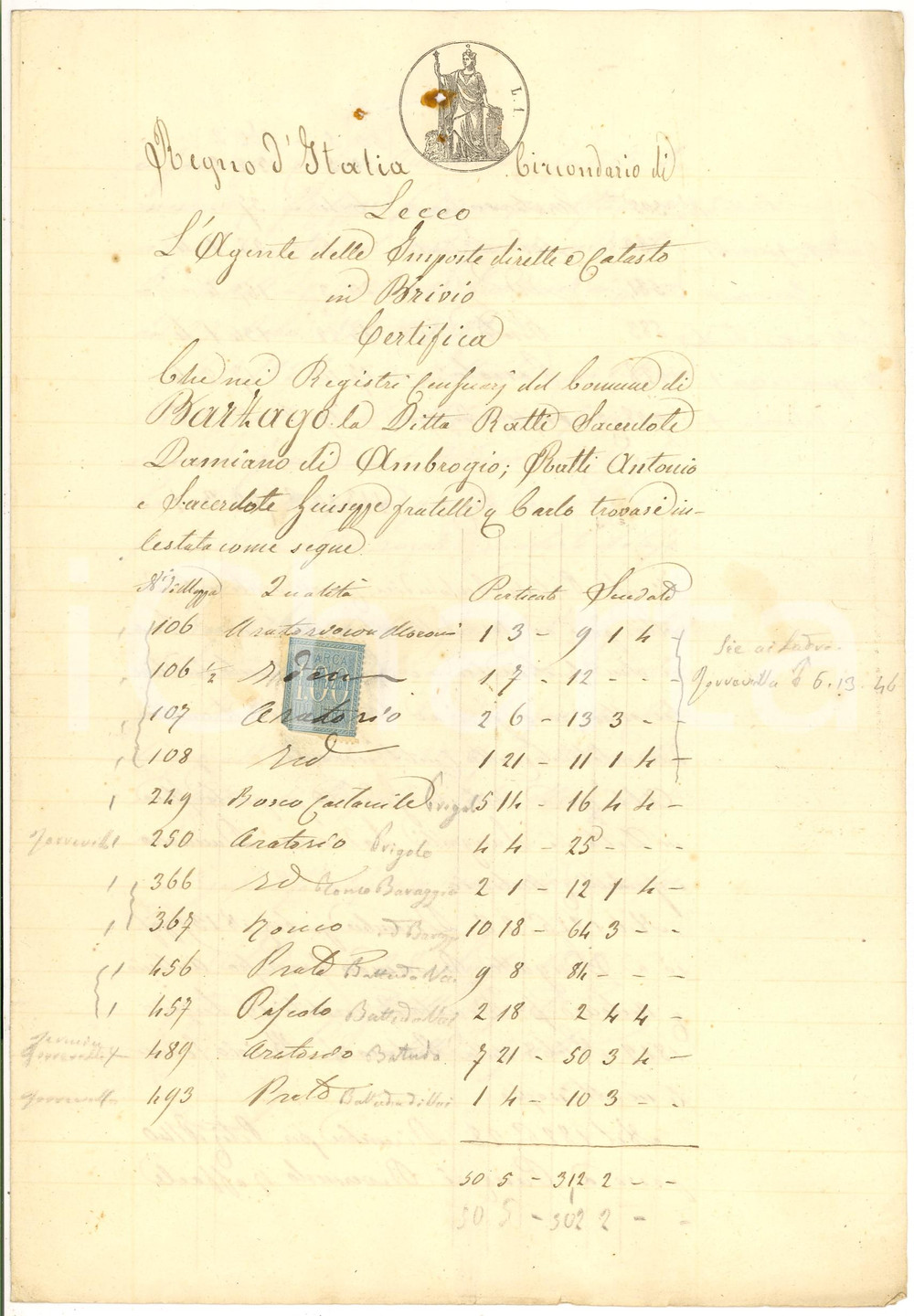 Documento originale, autentico 1870 BARZAGO (LC) ProprietÃ  terriere don Damiano RATTI 1