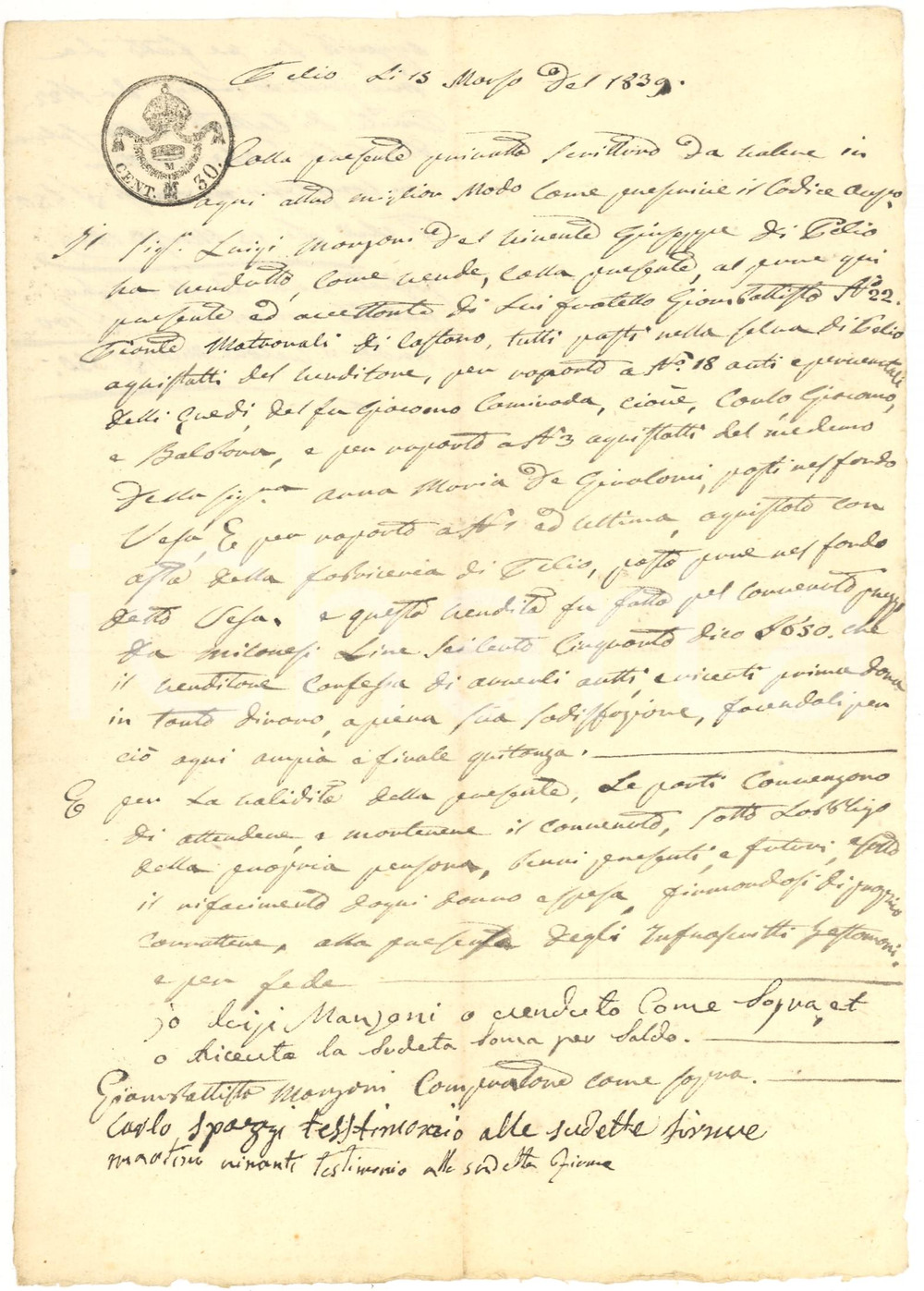 Documento originale, autentico 1839 PELLIO INTELVI (CO) Vendita castagni f.lli MANZONI 1