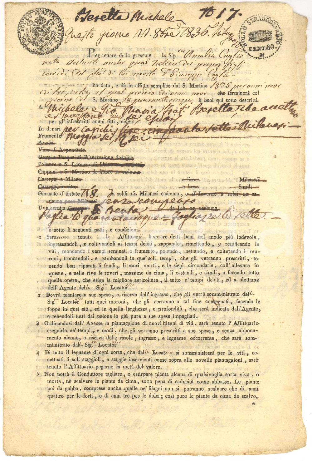 Documento originale, autentico 1835 MILANO Patti agrari Michele e Giovanni BERETTA 1
