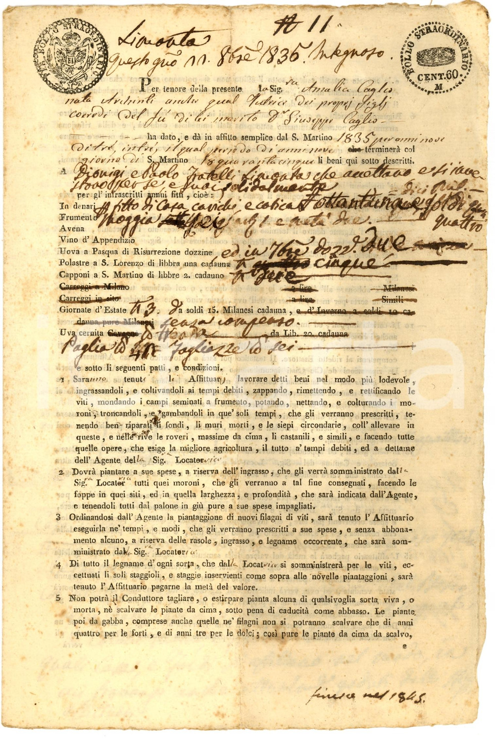 Documento originale, autentico 1835 MILANO Contratto agrario Dionigi e Paolo LIMONTA 1