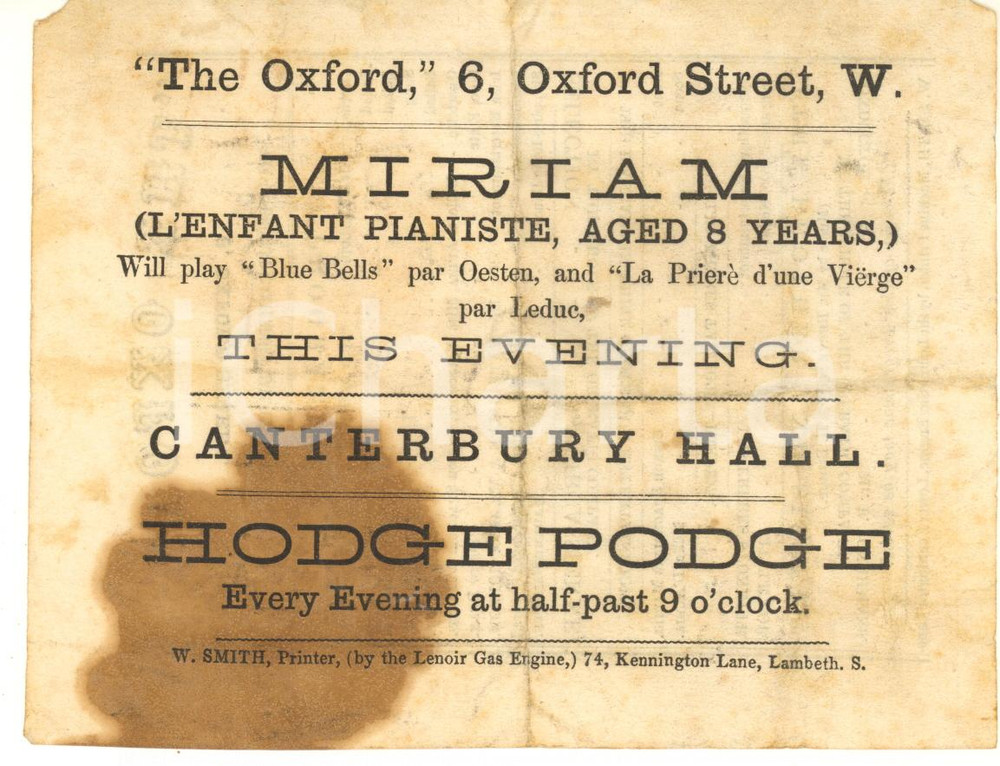 Materiale pubblicitario d’epoca 1880 LONDON CANTERBURY HALL - MIRIAM enfant pianiste 8-year-old 1