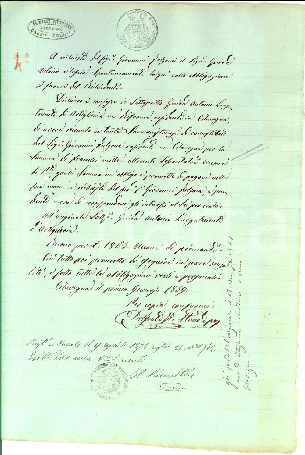 Documento originale, autentico 1859 CILAVEGNA (PV) Obbligazione debitore Antonio GUIDA verso Giovanni FALZONE 1