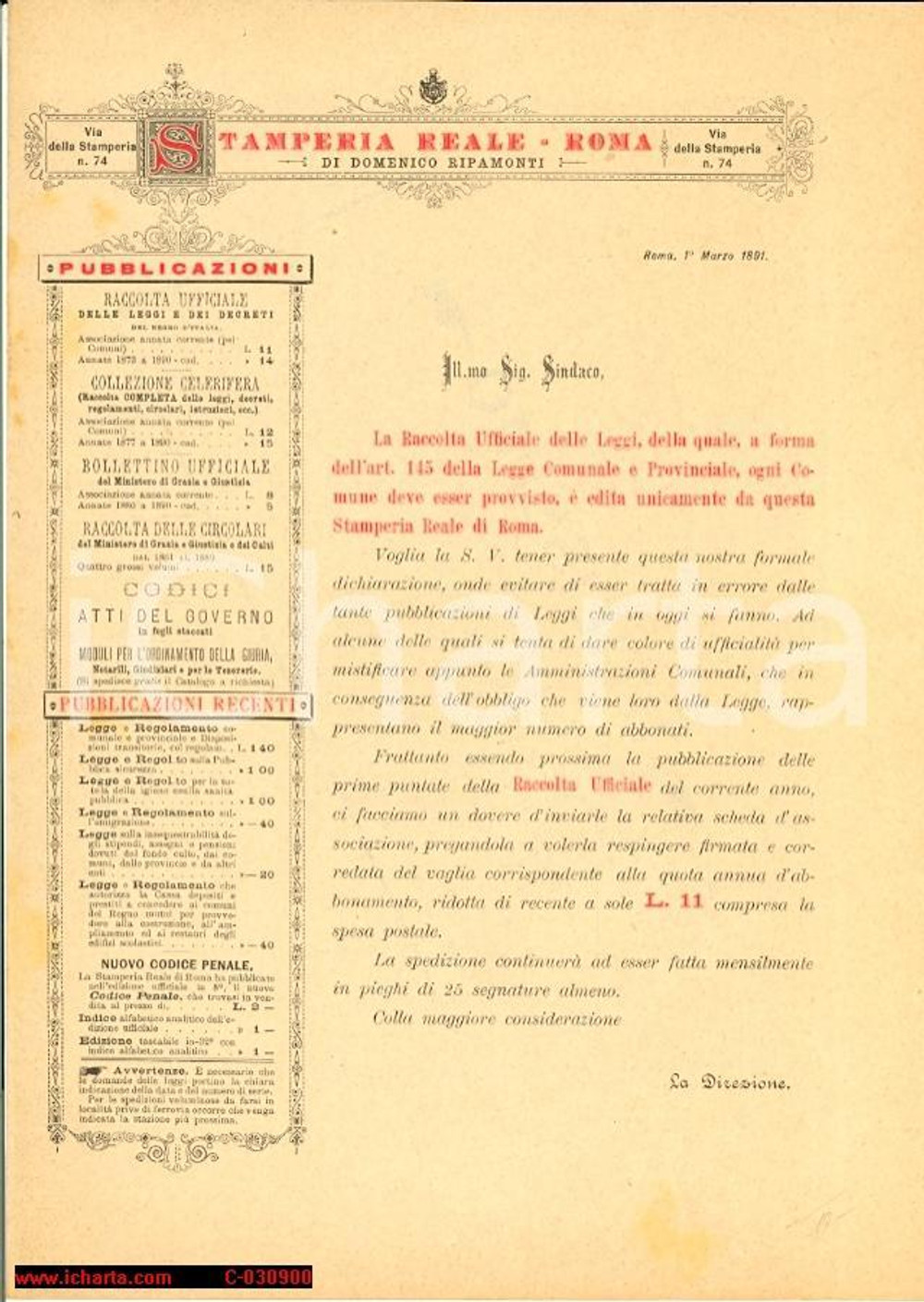 Documento originale, autentico 1891 STAMPERIA REALE ROMA lettera pubblicitaria 1