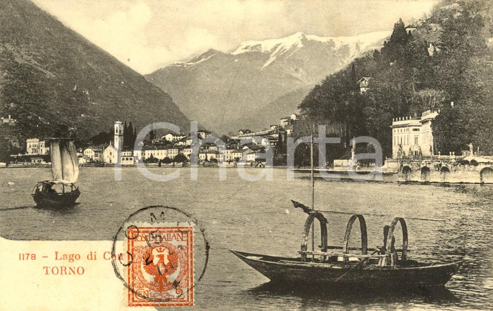 Cartolina originale da collezione 1904 Torno - Lungolago con barche d'epoca *Animata 1