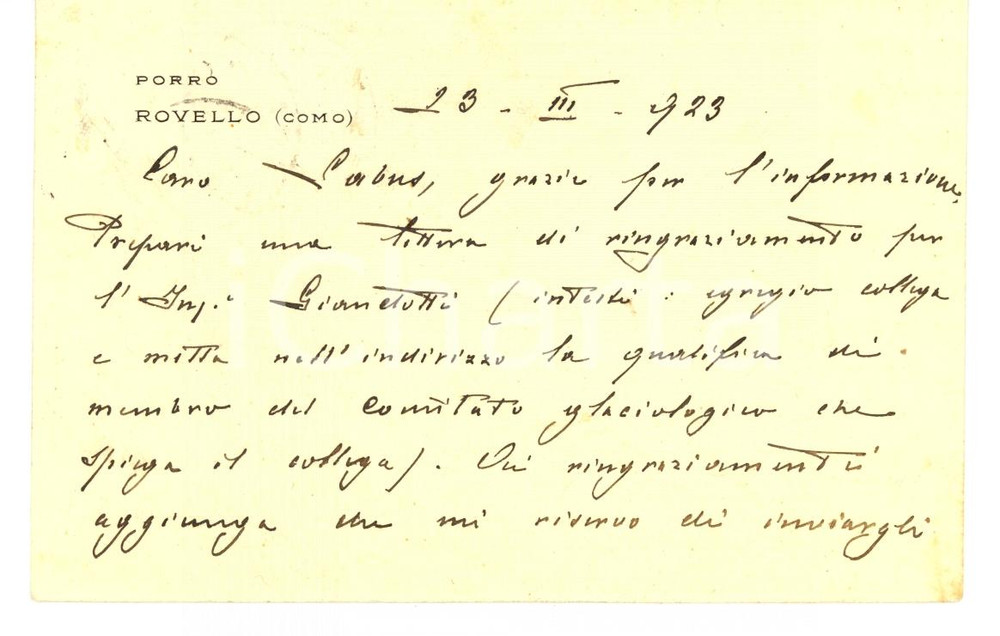 Autografo originale 1923 ROVELLO PORRO (CO) Carlo PORRO ringrazia Mario GIANDOTTI Autografo 1