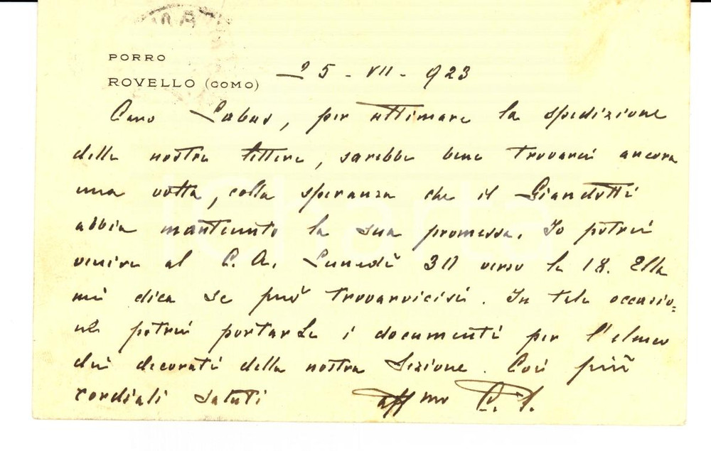 Autografo originale 1923 ROVELLO PORRO CO Carlo PORRO sugli scienziati decorati AUTOGRAFO 1