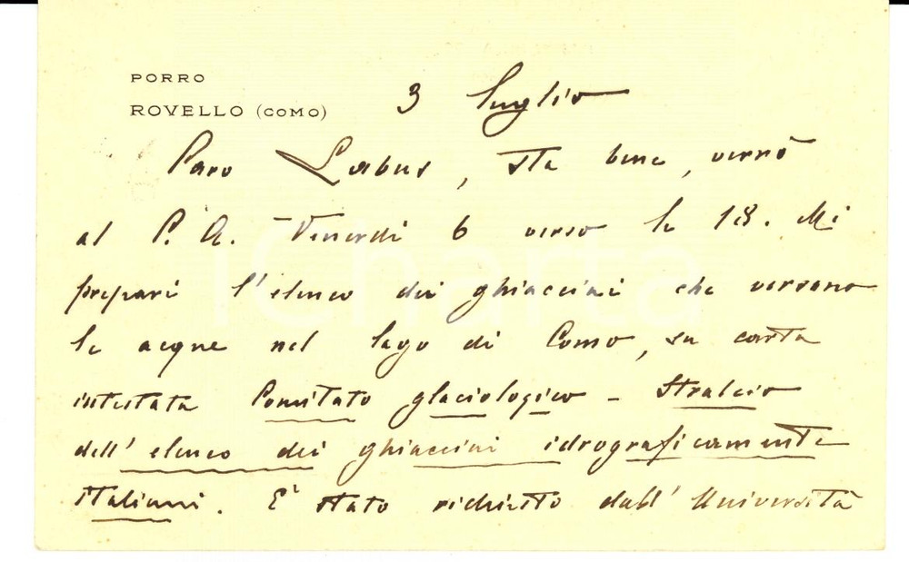 Autografo originale 1923 ROVELLO PORRO (CO) Carlo PORRO studia i ghiacciai locali AUTOGRAFO 1