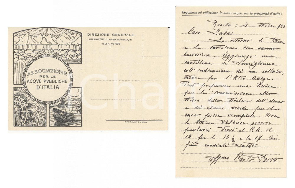 Autografo originale 1923 Carlo PORRO cerca collaboratore ACQUE PUBBLICHE Autografo 1