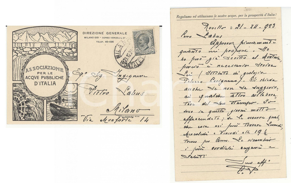 Autografo originale 1923 Carlo PORRO cerca collaboratore geologo ACQUE PUBBLICHE Autografo 1