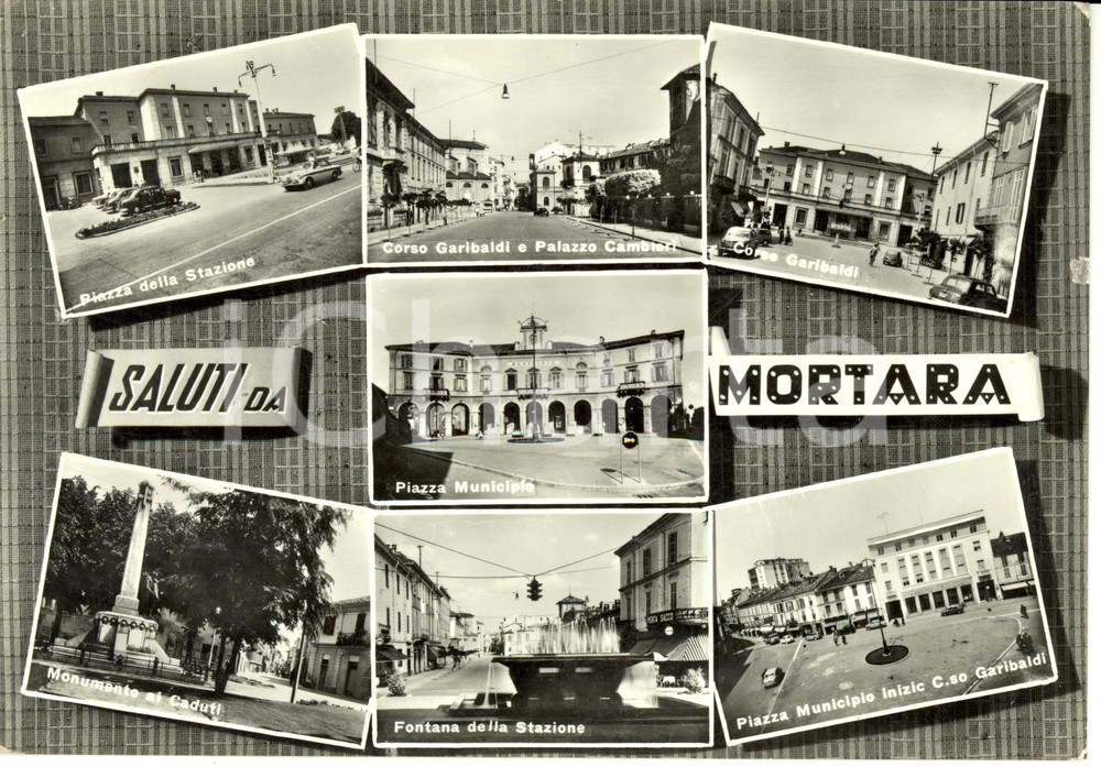 Cartolina originale da collezione 1959 MORTARA (PV) Vedutine con stazione e municipio * Cartolina ANIMATA FG VG 1